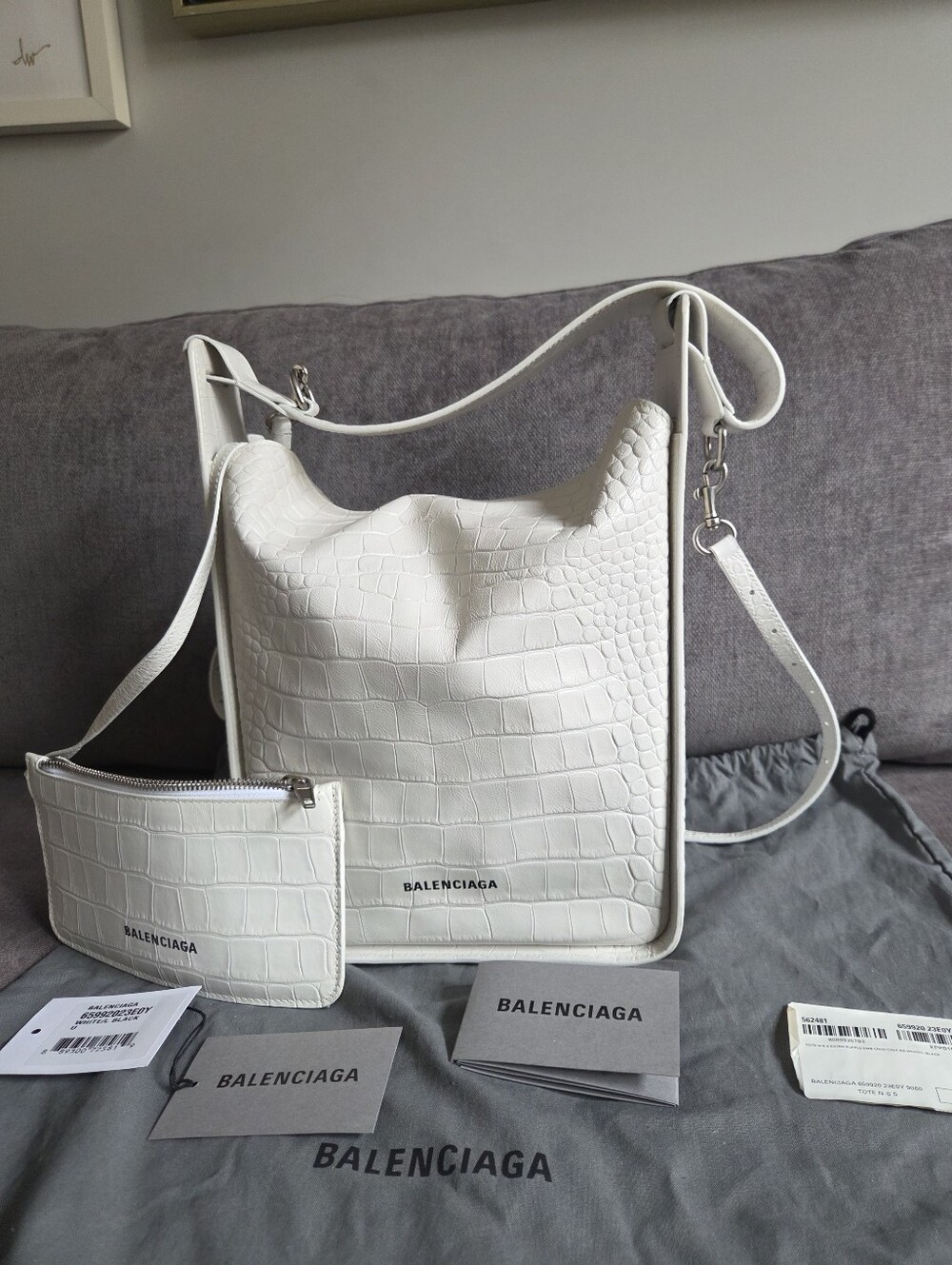 Balenciaga Tool 2.0 North-South Tote White Croc-Embossed with Matching Pouch